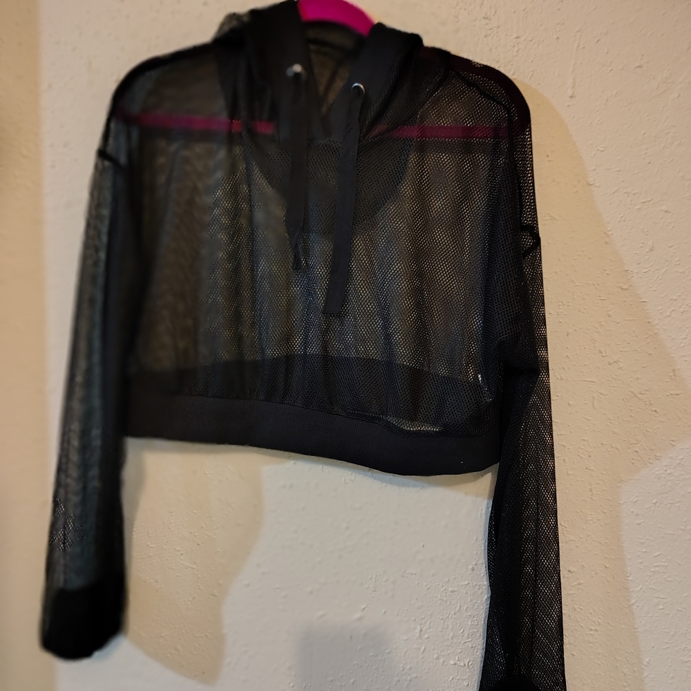Black Mesh Cropped Hoodie